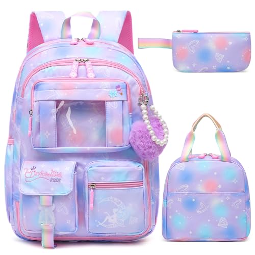 Alrisg Girls Backpack Set School Bookbag for Kids Elementary Middle School, Cute Backpack for Girls Purple - color: Purple, size: 17 inch Set