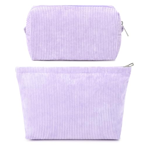 SOIDRAM 2 Pcs Corduroy Makeup Bag Large Cosmetic Bag Toiletry Bag Makeup Pouch Travel Bag Organizer Cute Makeup Brushes Aesthetic Accessories Storage Bag for Women Purple - color: Corduroy Purple
