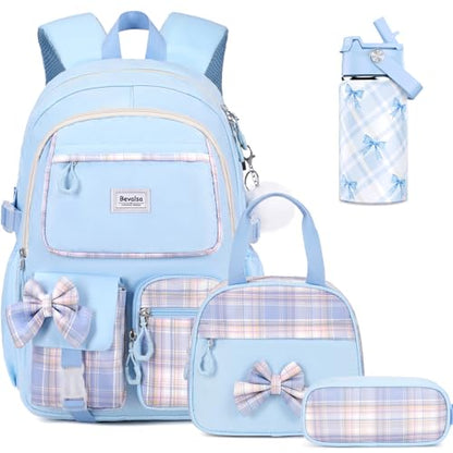 Bevalsa Backpack for Girls, Bow Plaid Bookpack with 14oz Insulated Water Bottle, Lunch Bag & Pen Case, Schoolbag for Kids & BPA-FREE Stainless Steel Metal Cup for Elementary Middle Student (Blue) - color: Blue Plaid