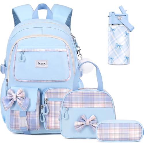 Bevalsa Backpack for Girls, Bow Plaid Bookpack with 14oz Insulated Water Bottle, Lunch Bag & Pen Case, Schoolbag for Kids & BPA-FREE Stainless Steel Metal Cup for Elementary Middle Student (Blue) - color: Blue Plaid