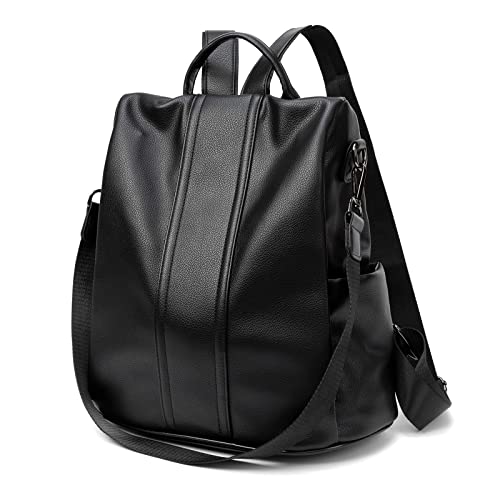 PINCNEL Women Backpack Purse Waterproof Nylon Anti-theft Rucksack Lightweight Shoulder Bag, Medium, Black - color: Black Leather, size: Medium
