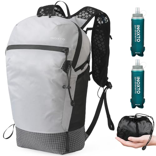 IX INOXTO Hiking Backpack 15L/22L Ultra Lightweight Packable Travel Backpack Small Waterproof Foldable Outdoor Day Pack with Two 500ML soft flasks for Men Women (Grey) - color: 609 Grey 15l With 2 X Soft Flask (500ml), size: 15L