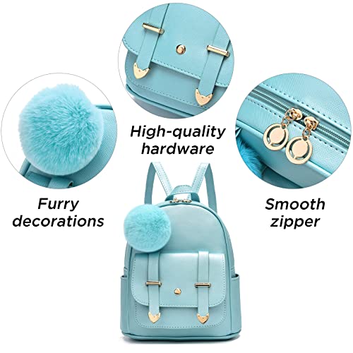 I IHAYNER Girls Fashion Backpack Mini Backpack Purse for Women Teenage Girls Purses PU Leather Pompom Backpack Shoulder Bag - color: Pearl Blue