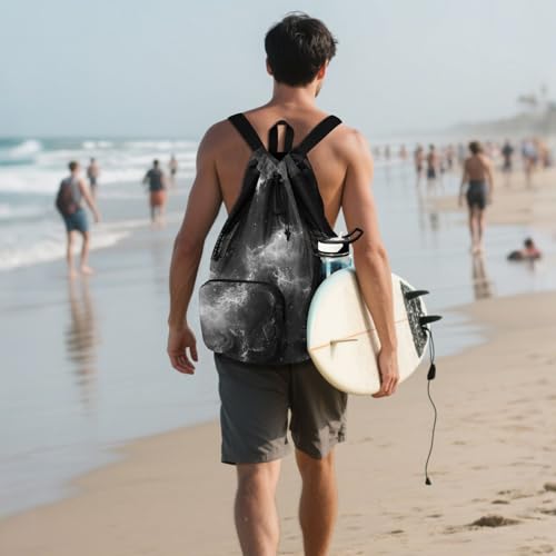 Drawstring Gym Swim Bag With Water Bottle Pocket Hiking Drawstring Backpack with Wet Dry Compartments Fog Black Mystery