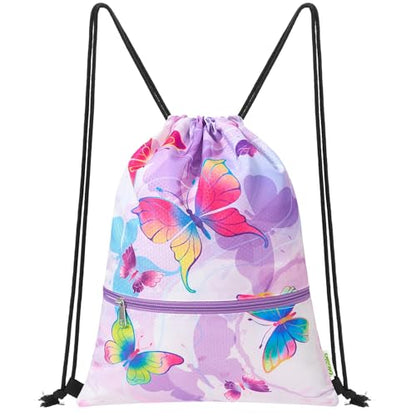 WAWASAM Kids Drawstring Backpack, Gym Swim Bag Cinch Bag for Girls Boys with Zipper Pocket - color: Butterfly