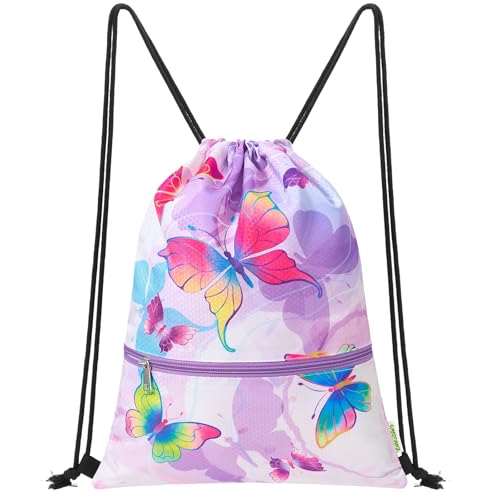 WAWASAM Kids Drawstring Backpack, Gym Swim Bag Cinch Bag for Girls Boys with Zipper Pocket - color: Butterfly