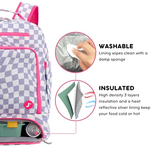 J World New York 2-in-1 Insulated Backpack Lunch Box for Kids. Adult School Bookbag, Lavender Checkers, 17 x 13 x 9 Inches - color: Lavender Checkers