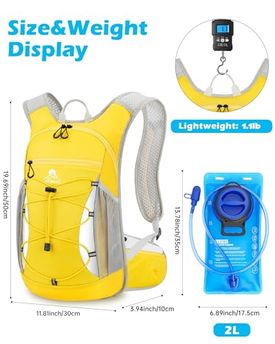 Hydration Backpack with 2L Water Bladder - Lightweight 15L Daypack with Phone-Sized Hip Belt Pockets, Anti-Chafe Cotton Edging & No-Bounce Straps - Small Water Backpack for Hiking, Running, Skiing - color: Yellow