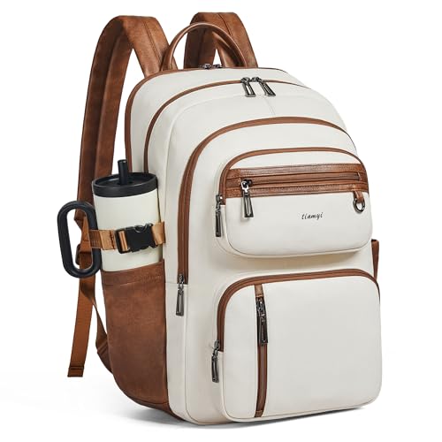 Vegan Leather Backpack, TSA Travel Backpack for Men and Women, Fits 17.0 Inch Laptop with Luggage Strap, Beige - color: Beige