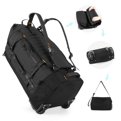 29" 86L Foldable Wheeled Duffle Bag, Waterproof Travel Rolling Backpack with Quilted Bottom, Black - color: Black