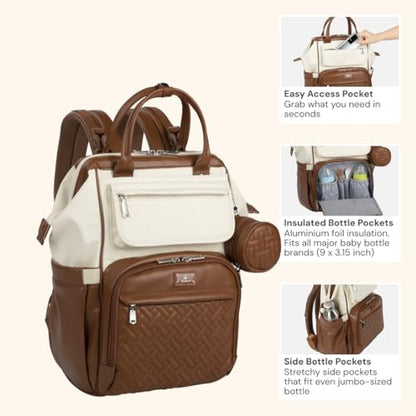 BabbleRoo Leather Diaper Bag Backpack, Multifunction Large Bags with Changing Pad & Stroller Straps & Pacifier Case, Unisex Stylish Travel Back Pack Nappy Changing Bag for Moms Dads (Coffee Cream) - color: Vegan Leather, Coffee Cream
