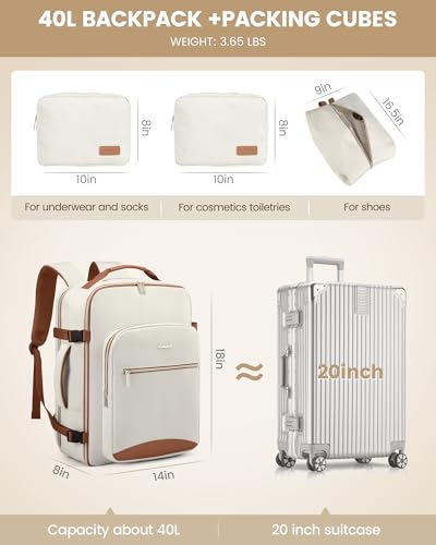 LOVEVOOK 40L Travel Backpack for Women Men,Waterproof Airline Approved Carry On Luggage Travel Essentials,TSA Carry On Backpack Personal Item Travel Bag Suitcase with 3 Packing Cubes,Weekender,Daypack - color: Beige-brown, size: Large-40L-4Pcs