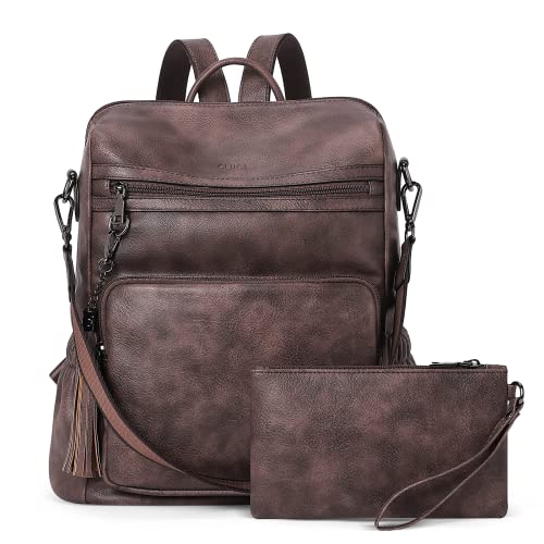 CLUCI Backpack Purse for Women Leather Fashion Designer Travel Ladies Shoulder Bags with Wristlet - color: 0-3 Coffee 2pcs