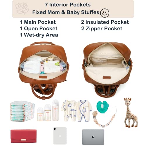 Leather Diaper Bag Backpack for Women with Multiple Pockets,Laptop Compartment and Changing Pad. - color: Brown