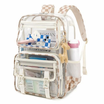 Sisipoet Clear Backpack for School, PVC Clear Bookbag Heavy Duty Transparent Backpack for Stadium Events See Through Bag - color: Khaki Plain
