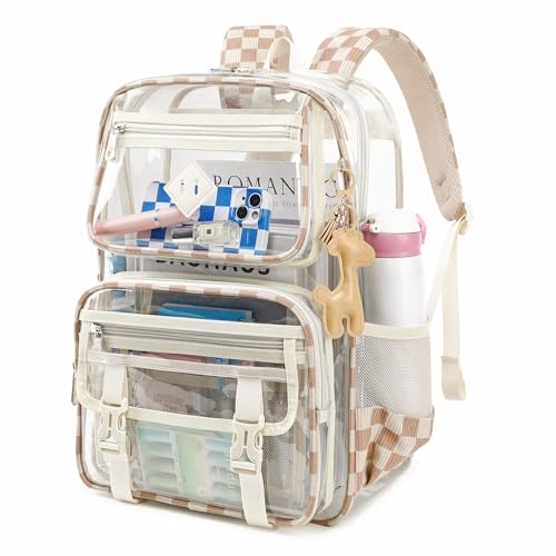 Sisipoet Clear Backpack for School, PVC Clear Bookbag Heavy Duty Transparent Backpack for Stadium Events See Through Bag - color: Khaki Plain