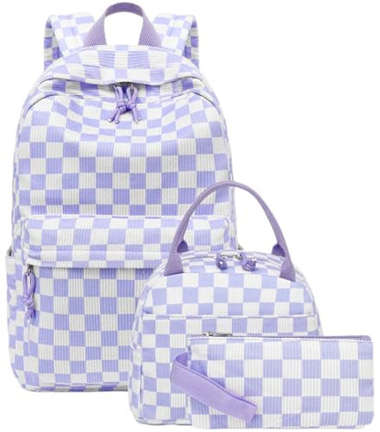 LEDAOU Backpack for Girls School Bag Kids Bookbag Teen Backpack Set Daypack with Lunch Bag and Pencil Case | Kids - color: Purple Checkered