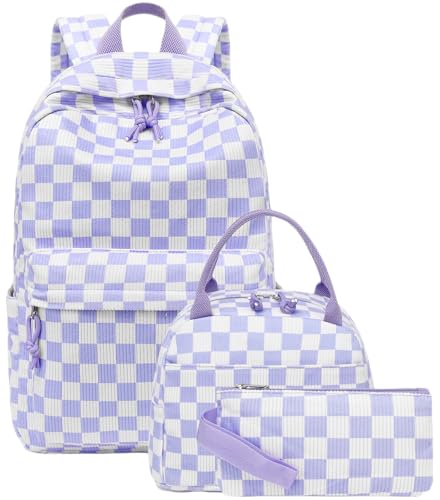 LEDAOU Backpack for Girls School Bag Kids Bookbag Teen Backpack Set Daypack with Lunch Bag and Pencil Case | Kids - color: Purple Checkered