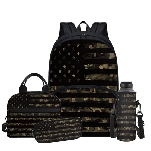 Camo American Flag Backpack for Boys Kids Backpack with Lunch Box Water Bottle Bag and Pencil Holder Pouch 4Pcs Set 17" Bookbag with Large Front Pocket for School Sturdy Elementary School Bag - color: Camo American Flag
