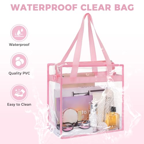 BAGAIL Clear Bags 12x6x12 Stadium Approved Clear Tote Bag with Zipper Closure Crossbody Shoulder Bag with Adjustable Strap - color: Sakura Pink
