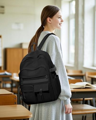 Aesthetic Black School Backpack for Women Men College Backpack With Lots Of Pockets Waterproof Travel Casual Daypack Cute Bookbag For Teens Girls Boys High School Bag - color: B1-black