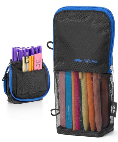 Mr. Pen- Standing Pencil Case Pouch, Sit & Lay Mesh-View Design, Black with Blue Zipper, Interior Pocket & 2 Elastic Binder Loops, Cute Pencil Case for Girls and Boys - color: Black with Blue Zipper