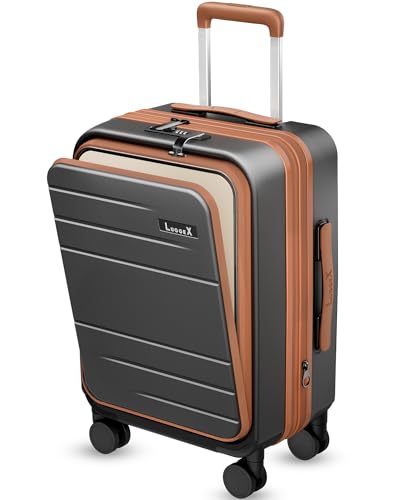 LUGGEX Carry On Luggage 22x14x9 Airline Approved, Expandable Polycarbonate Suitcase with Front Pocket (FX-Core, Brown-Black, 20 Inch) - color: Brown-Black, size: carry on（20inch front open）