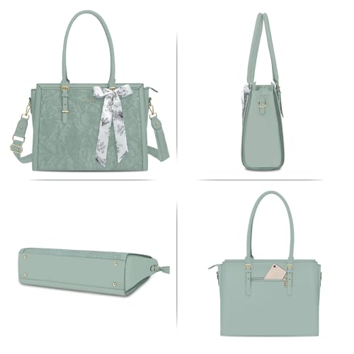 MOSISO Laptop Bag for Women, 15.6-16 inch PU Leather Tote Bag Compatible with MacBook, HP, Dell, Asus Notebook, Front Embossed Retro Hibiscus Computer Bags with Silk Scarf&Clutch Purse, Antique Green - color: Antique Green, size: 16 inch