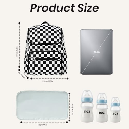 FHELAD Checkered Diaper Bag Backpack with Changing Pad & Stroller Clips, Large Travel Baby Diaper Bag for Newborn Moms, Baby Shower Gifts (Obsidian Black) - color: Obsidian Black