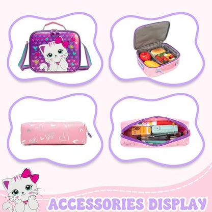 Rolling Backpacks with Wheels for Girls Cute Pink Cat School Roller Backpack,Kids Carry on Travel Luggage with Lunch Bag and Pencil Case for Girls Ages 5-12 - color: A Pink Cat