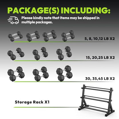 HANDBODE 3-Tier Dumbbell Rack Stand, 1000LB Capacity Storage Rack, Weight Rack for Dumbbells, Kettlebell, 390–700 lb Rubber Coated Fixed Weight Sets, Home Gym Strength Training Equipment - color: 410 lb Set (5-45 lb) *2 & Rack