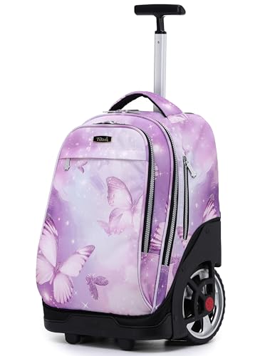 NEW TILAMI 19 inch Rolling Backpack Teens Rolling Backpack Cute Wheeled Laptop Backpack Bookbag Roller Travel Bag College, Evening Butterfly (No USB interface) - color: Purple Butterfly