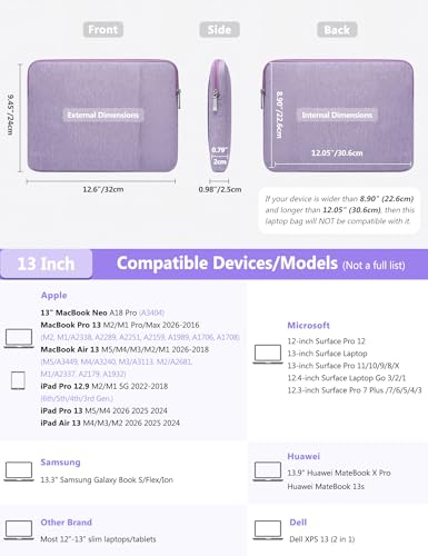 HYZUO 13 Inch Laptop Sleeve Bag Set for MacBook Air 13 M5/M4/M3/M2/M1 A3449 2026-2018, 13" MacBook Neo 2026 A3404, MacBook Pro 13 M2/M1 2026-2016, iPad Pro/Air 13, XPS 13, Surface Pro, Lilac Purple - color: Lilac Purple, size: 13 Inch