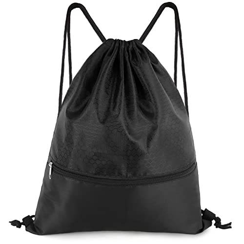Drawstring Backpack Bag, Waterproof Draw String Back Sack with Zip Pocket, Gym Drawstring Bags Swim Bag for Men Women - color: Black, Ordinary