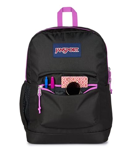 JanSport Cross Town Plus Backpack - Large Main Compartment, Side Water Bottle Pocket, 15-Inch Padded Laptop Sleeve - Color Blocked - Black - color: Color Blocked Black/Digital Fuchsia/D