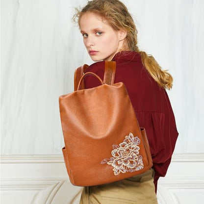 BOYATU Genuine Leather Backpack for Women: Elegant Floral Designer Purse - Small Shoulder Bag for Travel (Brown) - color: Z-brown