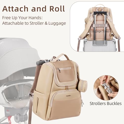 Large Leather Diaper Bag Backpack, Baby Travel Bag with Changing Pad, Insulated Pockets, Stroller Straps and Pacifier Case, Water-Resistant Diaper Bag for Mom and Dad, Khaki - color: Khaki