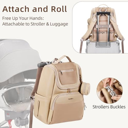 Large Leather Diaper Bag Backpack, Baby Travel Bag with Changing Pad, Insulated Pockets, Stroller Straps and Pacifier Case, Water-Resistant Diaper Bag for Mom and Dad, Khaki - color: Khaki
