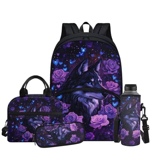 Aesthetic Wolf Backpack for Girls Kids Backpack with Lunch Box Water Bottle Sleeve and Big Pencil Pouch 4Pcs Set 17 inch Bookbag with Large Front Pocket for School Sturdy Elementary School Bag - color: Aesthetic Wolf