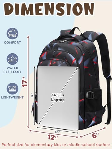 BLUEFAIRY Kids Backpack for Boys Elementary Primary School Bags for Childs Black Bagpack Book Bag Back to School Gifts for Son Mochilas Escolares para Niños 17" Large Compartment Black/Red - color: Black Red