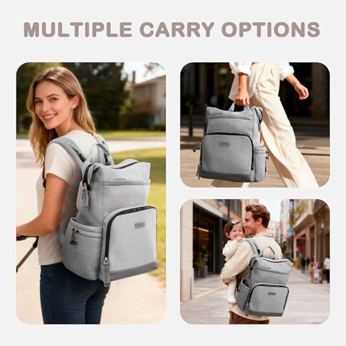 VONAL Neoprene Diaper Bag Backpack with Changing Pad, 33L Large Capacity Neoprene Backpack Baby Diaper Bag with Insulated Pockets, Travel Diaper Backpack Baby with 12 Pockets for Mom & Dad, Gray - color: Gray