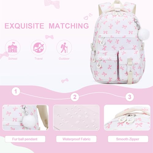 DIGOBAY 3PCS Girls Backpack for School, Kids Backpack for Girls with Lunch Bag Pencil Case, Kids Bookbag Teen Girl Backpacks for Elementary Middle High College School (Beige Bow) - color: Beige Bow