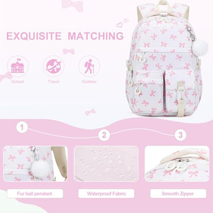 DIGOBAY 3PCS Girls Backpack for School, Kids Backpack for Girls with Lunch Bag Pencil Case, Kids Bookbag Teen Girl Backpacks for Elementary Middle High College School (Beige Bow) - color: Beige Bow