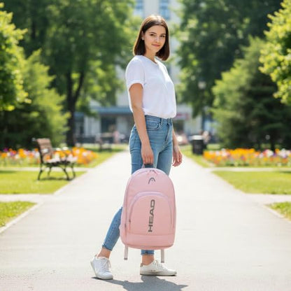 HEAD Gym Tennis Backpack for Women with Shoes Pocket Fits 15.6 inch Laptop - color: Pink With Bottom Pocket