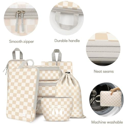 8 Set Compression Packing Cubes Travel, Lightweight Durable Packing Compression Cubes, Accessories Bags Packing Cubes for Travel Luggage Organizer (Khaki Checkered) - color: 8 Set Khaki Checkered