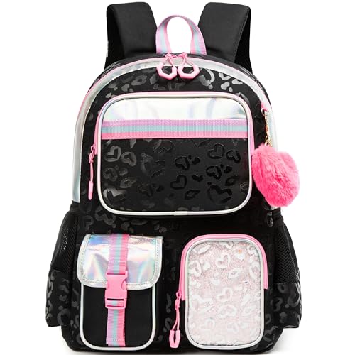 Meetbelify Cute Black School Backpack for Girls Aesthetic Backpacks for Elementary Student Teen Girls School Bag Kids Travel Bookbag for Girls Ages 8-10 - color: Black
