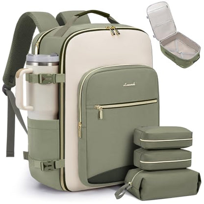 LOVEVOOK 40L Travel Backpack for Women & Men, Airline Approved Carry On Luggage with 3 Packing Cubes, TSA Overnight Bags, Waterproof Personal Item Bag, Weekender Essentials Backpacks fits 17" Laptop - color: Light Green-beige-olive Green, size: Large
