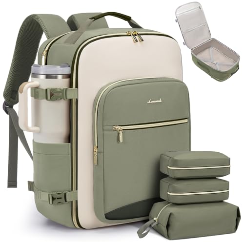 LOVEVOOK 40L Travel Backpack for Women & Men, Airline Approved Carry On Luggage with 3 Packing Cubes, TSA Overnight Bags, Waterproof Personal Item Bag, Weekender Essentials Backpacks fits 17" Laptop - color: Light Green-beige-olive Green, size: Large