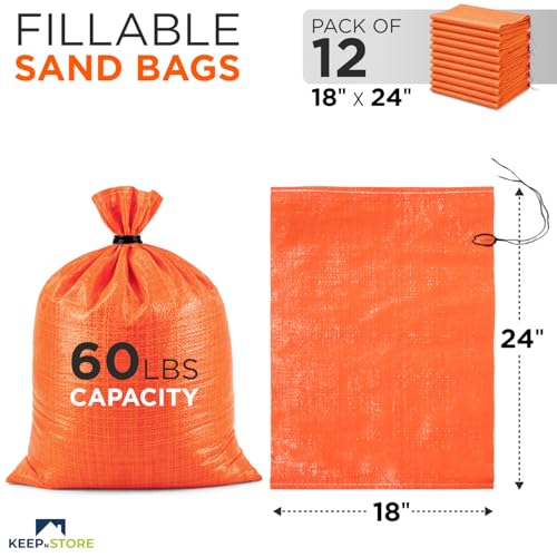 Heavy Duty Sand Bags Pack of 12, Bright Orange Empty Sandbags with Built-In Ties, Woven Polypropylene UV Protection 1600 Hours, Fillable Bags for Flood Control, Weight, 18x24 inches, 60 Pounds Volume - size: 18"W x 24"L, style: Pack of 12