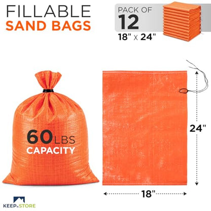 Heavy Duty Sand Bags Pack of 12, Bright Orange Empty Sandbags with Built-In Ties, Woven Polypropylene UV Protection 1600 Hours, Fillable Bags for Flood Control, Weight, 18x24 inches, 60 Pounds Volume - size: 18"W x 24"L, style: Pack of 12